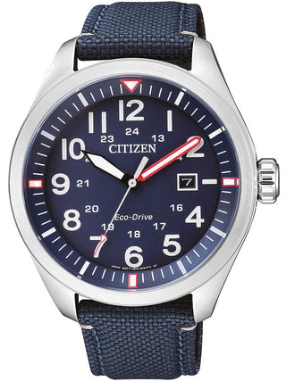 Front view of Citizen AW5000-16L Blue Textile Unisex Watch on white background