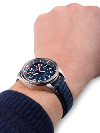 Angle shot of Citizen AW5000-16L Blue Textile Unisex Watch on white background