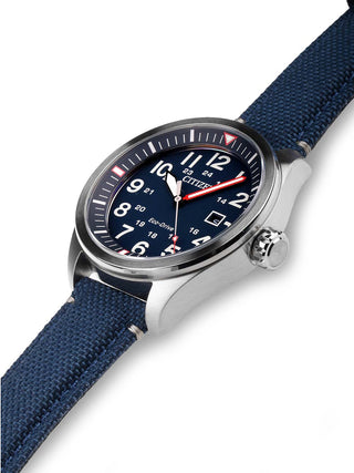Angle shot of Citizen AW5000-16L Blue Textile Unisex Watch on white background