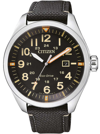 Front view of Citizen AW5000-24E Black Textile Unisex Watch on white background