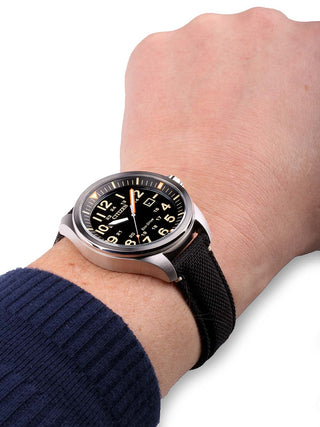 Angle shot of Citizen AW5000-24E Black Textile Unisex Watch on white background