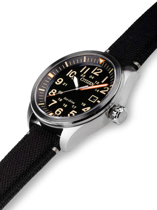 Angle shot of Citizen AW5000-24E Black Textile Unisex Watch on white background