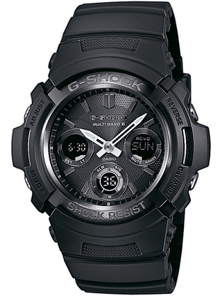 Front view of Casio G-Shock Chronograph AWG-M100B-1AER Black Resin Mens Watch on white background