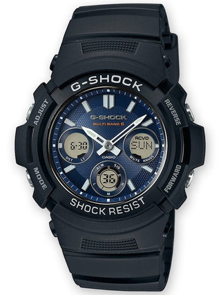 Front view of Casio G-Shock Chronograph AWG-M100SB-2AER Blue Dial Black Resin Mens Watch on white background