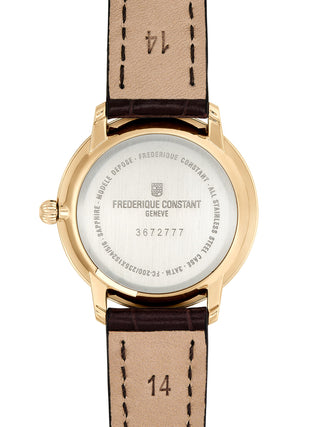 Angle shot of Frederique Constant FC-235M1S5 Silver Dial Brown Leather Womens Watch on white background