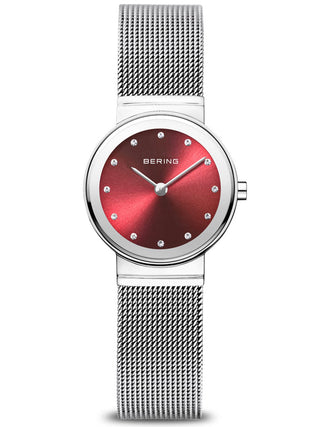 Front view of Bering 10126-003 Red Dial Silver Stainless Steel Womens Watch on white background