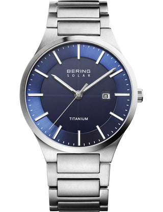 Front view of Bering 15239-777 Blue Dial Silver Titanium Unisex Watch on white background