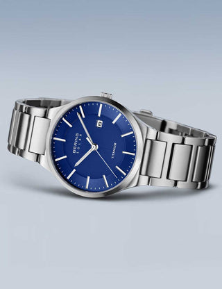 Angle shot of Bering 15239-777 Blue Dial Silver Titanium Unisex Watch on white background