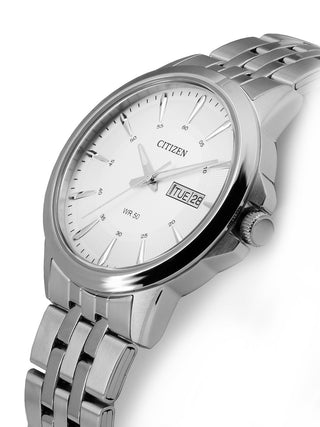 Angle shot of Citizen Basic BF2011-51AE Grey Stainless Steel Mens Watch on white background
