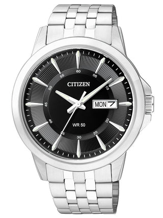 Front view of Citizen Basic BF2011-51EE Black Dial Grey Stainless Steel Mens Watch on white background