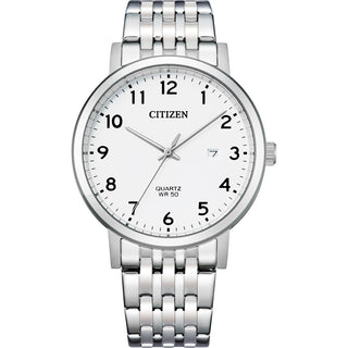 Front view of Citizen BI5070-57A White Dial Silver Stainless Steel Unisex Watch on white background
