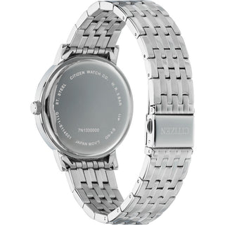 Angle shot of Citizen BI5070-57A White Dial Silver Stainless Steel Unisex Watch on white background