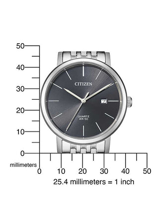 Angle shot of Citizen BI5070-57H Grey Dial Silver Stainless Steel Unisex Watch on white background