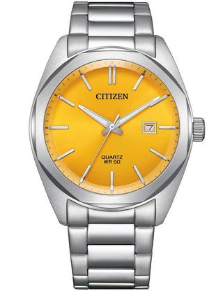 Front view of Citizen BI5110-54Z Yellow Dial Silver Stainless Steel Unisex Watch on white background