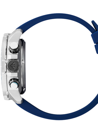 Angle shot of Citizen Eco-Drive Crono Aqualand Chronograph BJ2169-08E Black Dial Blue Rubber Mens Watch on white background
