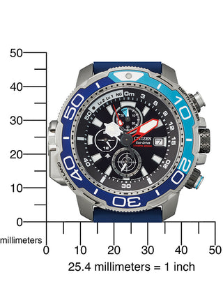 Angle shot of Citizen Eco-Drive Crono Aqualand Chronograph BJ2169-08E Black Dial Blue Rubber Mens Watch on white background