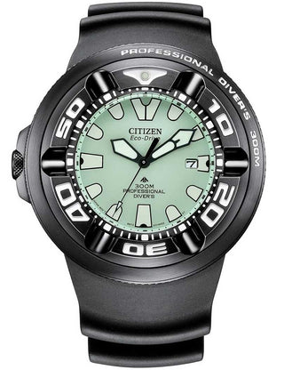 Front view of Citizen BJ8055-04X Green Dial Black Silicone Unisex Watch on white background