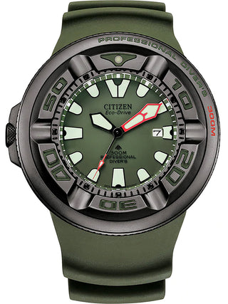 Front view of Citizen BJ8057-17X Green Silicone Unisex Watch on white background