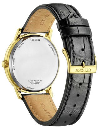 Angle shot of Citizen BM6756-01A White Dial Black Leather Unisex Watch on white background