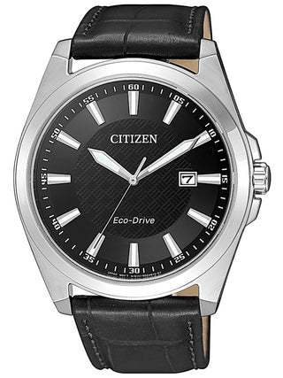 Front view of Citizen BM7108-14E Black Leather Unisex Watch on white background