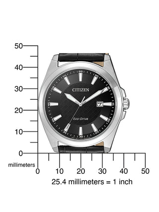 Angle shot of Citizen BM7108-14E Black Leather Unisex Watch on white background