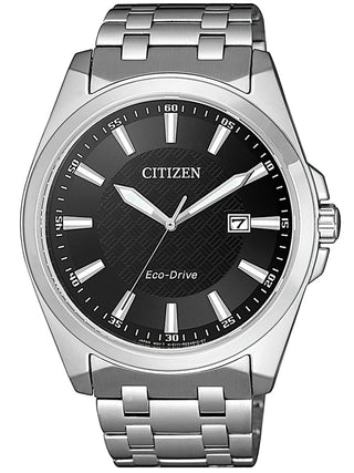 Front view of Citizen BM7108-81E Black Dial Silver Stainless Steel Unisex Watch on white background