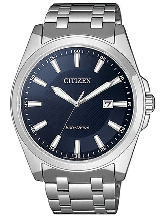 Front view of Citizen BM7108-81L Blue Dial Silver Stainless Steel Unisex Watch on white background