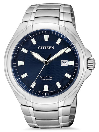 Front view of Citizen BM7430-89L Blue Dial Silver Titanium Unisex Watch on white background