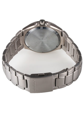 Angle shot of Citizen BM7430-89L Blue Dial Silver Titanium Unisex Watch on white background