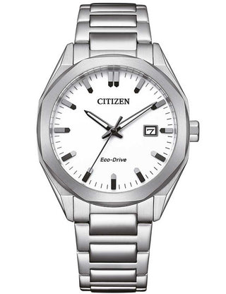 Front view of Citizen BM7620-83A White Dial Silver Stainless Steel Unisex Watch on white background