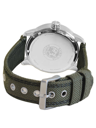 Angle shot of Citizen BM8470-11EE Grey Dial Green Leather Unisex Watch on white background
