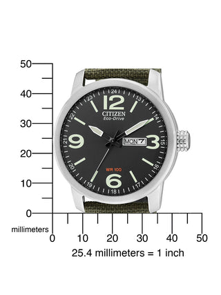 Angle shot of Citizen Eco-Drive BM8470-11EE Black Dial Green Fabric Mens Watch on white background