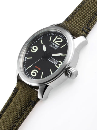 Angle shot of Citizen BM8470-11EE Grey Dial Green Leather Unisex Watch on white background