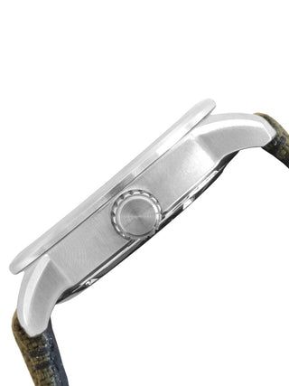 Angle shot of Citizen BM8470-11EE Grey Dial Green Leather Unisex Watch on white background