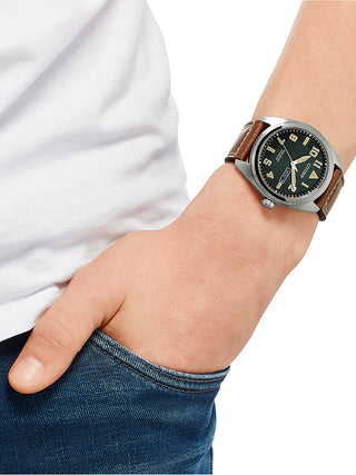 Angle shot of Citizen BM8560-11XE Green Dial Brown Leather Unisex Watch on white background