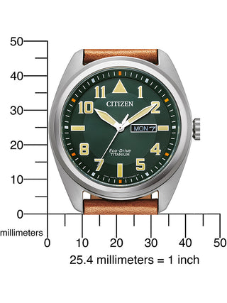 Angle shot of Citizen BM8560-11XE Green Dial Brown Leather Unisex Watch on white background