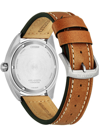 Angle shot of Citizen BM8560-11XE Green Dial Brown Leather Unisex Watch on white background