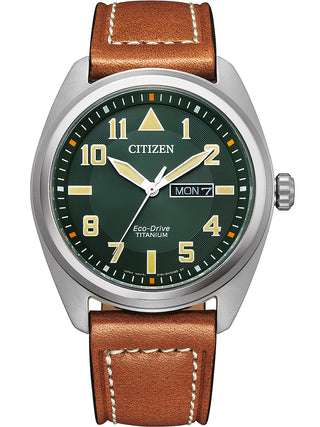 Front view of Citizen BM8560-11XE Green Dial Brown Leather Unisex Watch on white background