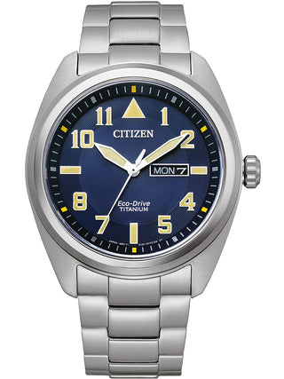 Front view of Citizen Eco-Drive BM8560-88LE Blue Dial Grey Titanium Mens Watch on white background