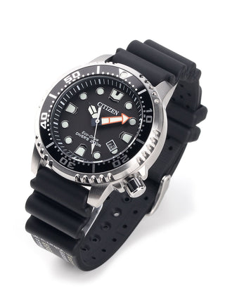 Angle shot of Citizen Eco-Drive Promaster BN0150-10E Black Rubber Mens Watch on white background