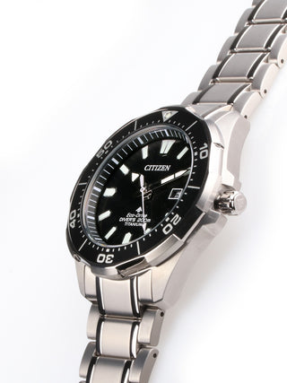 Angle shot of Citizen BN0200-81E Black Dial Silver Titanium Unisex Watch on white background