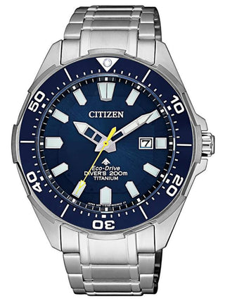 Front view of Citizen Eco-Drive Promaster BN0201-88L Blue Dial Grey Titanium Mens Watch on white background