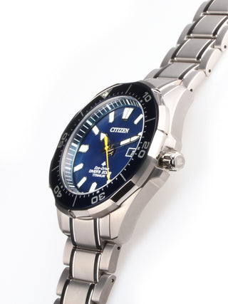 Angle shot of Citizen Eco-Drive Promaster BN0201-88L Blue Dial Grey Titanium Mens Watch on white background