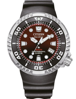 Front view of Citizen Chronograph BN1024-01Z Red Dial Black Silicone Unisex Watch on white background