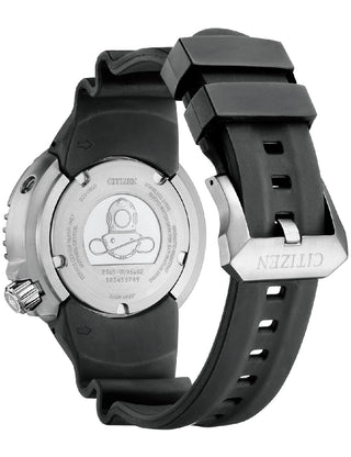 Angle shot of Citizen Chronograph BN1024-01Z Red Dial Black Silicone Unisex Watch on white background
