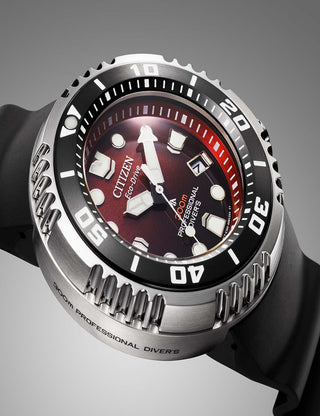 Angle shot of Citizen Chronograph BN1024-01Z Red Dial Black Silicone Unisex Watch on white background