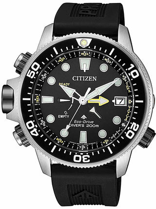 Front view of Citizen BN2036-14E Black Silicone Unisex Watch on white background
