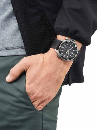 Angle shot of Citizen BN2036-14E Black Silicone Unisex Watch on white background