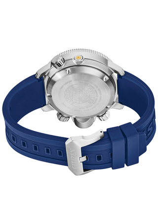 Angle shot of Citizen Chronograph BN2038-01L Blue Silicone Unisex Watch on white background