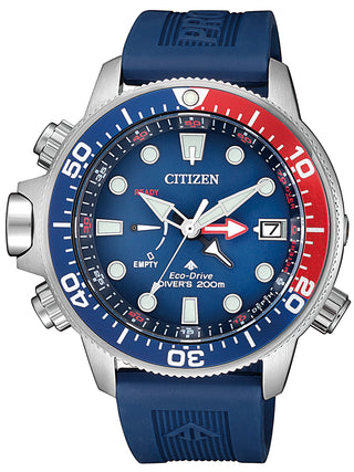 Front view of Citizen Chronograph BN2038-01L Blue Silicone Unisex Watch on white background